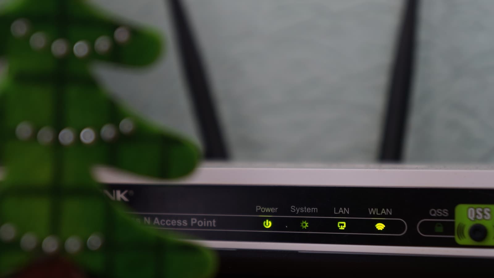 Close-up of the status lights on a home broadband router